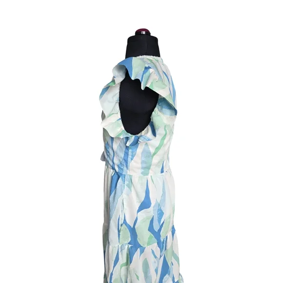 Blue & Green Flutter Sleeve Maxi Dress 100% Cotton Size S Coastal Cottagecore - Picture 5 of 11